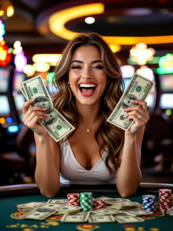 Happy woman celebrating a big win at Skycrown Casino